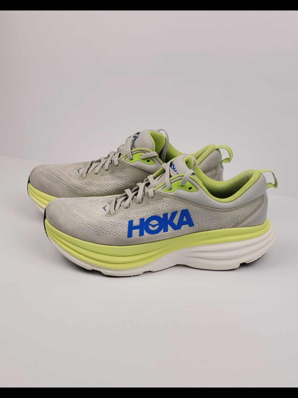 Men’s Hoka One One Bondi 8 Running Shoes Size 10.5D Gray Lime Blue